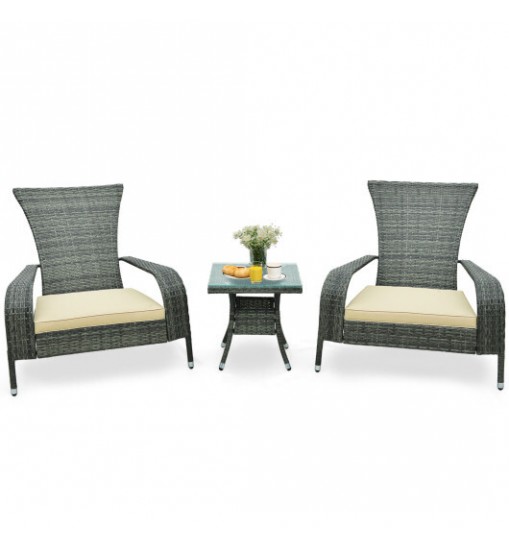 3-Piece Wicker Adirondack Set with Comfy Seat Cushions-Gray