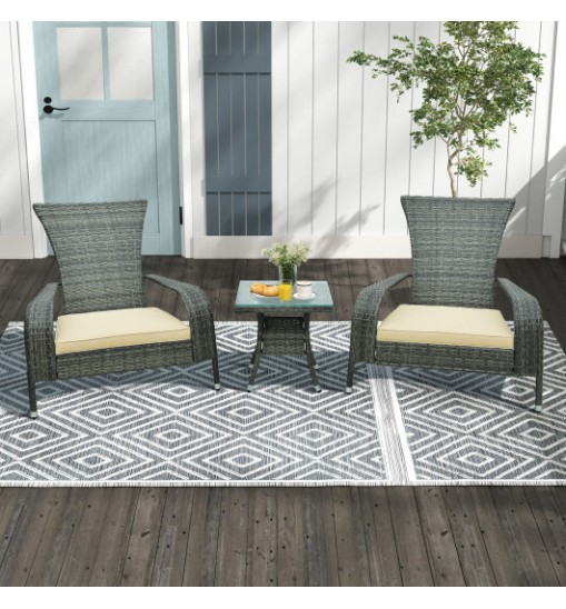 3-Piece Wicker Adirondack Set with Comfy Seat Cushions-Gray