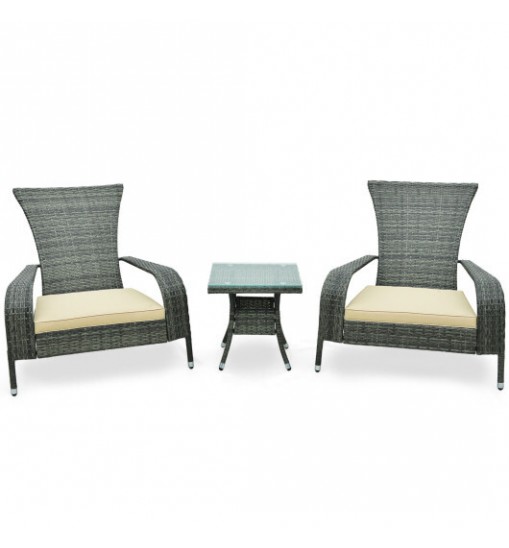 3-Piece Wicker Adirondack Set with Comfy Seat Cushions-Gray