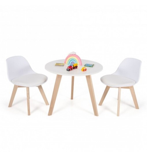 Modern Kids Activity Play Table and 2 Chairs Set with Beech Leg Cushion-White