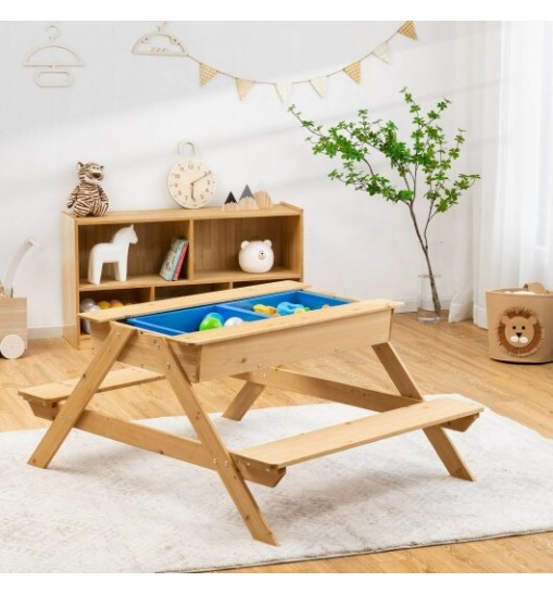 3-in-1 Kids Picnic Table Wooden Outdoor Water Sand Table with Play Boxes