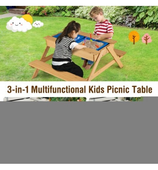 3-in-1 Kids Picnic Table Wooden Outdoor Water Sand Table with Play Boxes