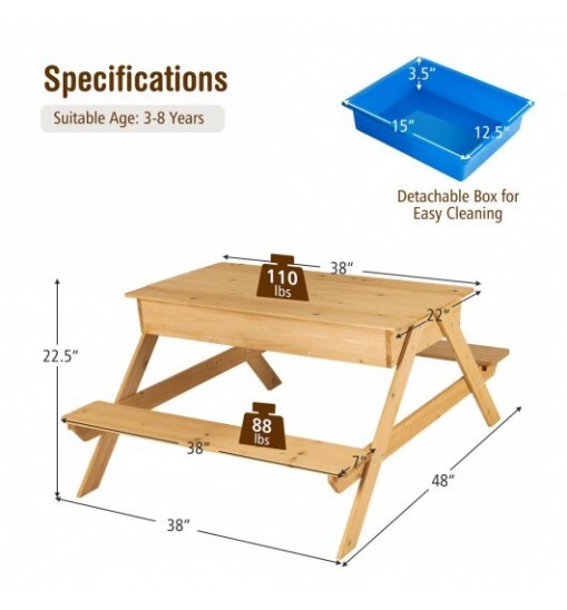 3-in-1 Kids Picnic Table Wooden Outdoor Water Sand Table with Play Boxes