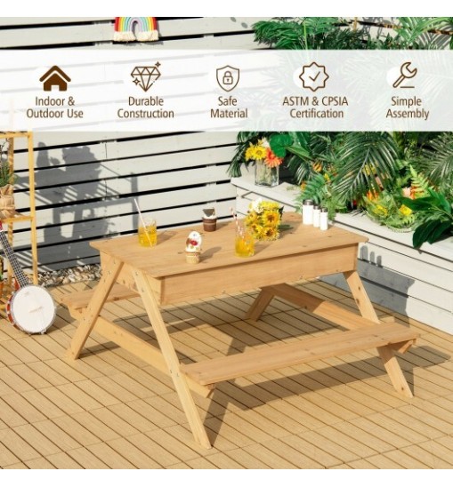 3-in-1 Kids Picnic Table Wooden Outdoor Water Sand Table with Play Boxes