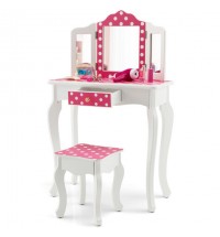 Kids Vanity Table and Stool Set with Cute Polka Dot Print-Pink