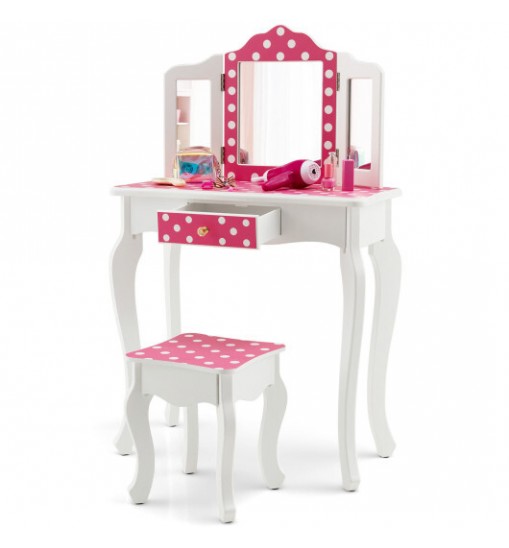 Kids Vanity Table and Stool Set with Cute Polka Dot Print-Pink