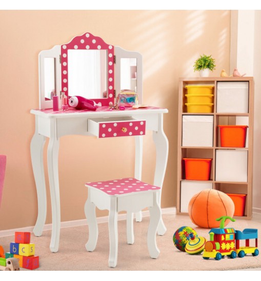 Kids Vanity Table and Stool Set with Cute Polka Dot Print-Pink