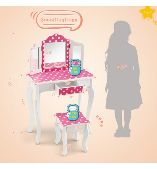 Kids Vanity Table and Stool Set with Cute Polka Dot Print-Pink