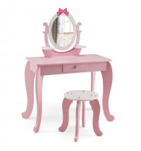 Kid Vanity Table Stool Set with Oval Rotatable Mirror-Pink