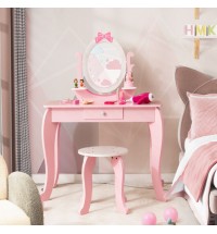 Kid Vanity Table Stool Set with Oval Rotatable Mirror-Pink