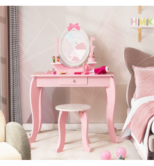 Kid Vanity Table Stool Set with Oval Rotatable Mirror-Pink