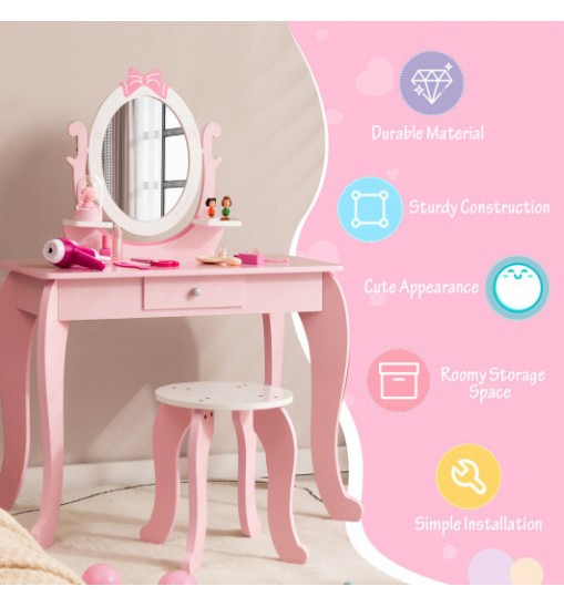 Kid Vanity Table Stool Set with Oval Rotatable Mirror-Pink