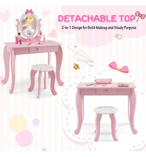 Kid Vanity Table Stool Set with Oval Rotatable Mirror-Pink