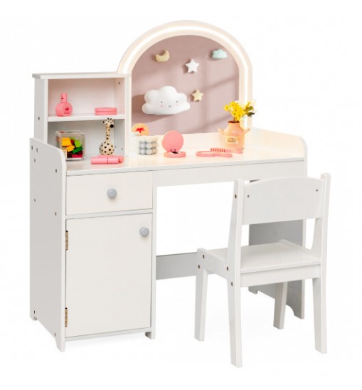 Kids Vanity Table and Chair Set with Shelves Drawer and Cabinet-White