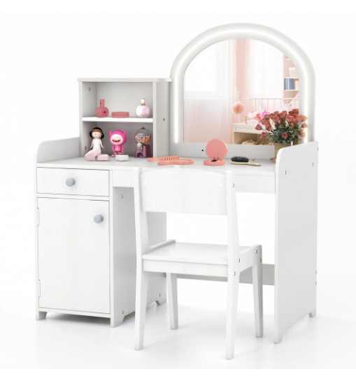 Kids Vanity Table and Chair Set with Shelves Drawer and Cabinet-White