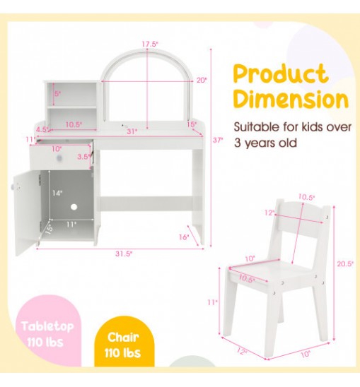 Kids Vanity Table and Chair Set with Shelves Drawer and Cabinet-White