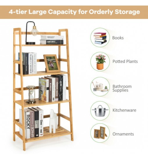 4-Tier Bamboo Bookshelf Ladder Shelf Plant Stand Rack-Natural