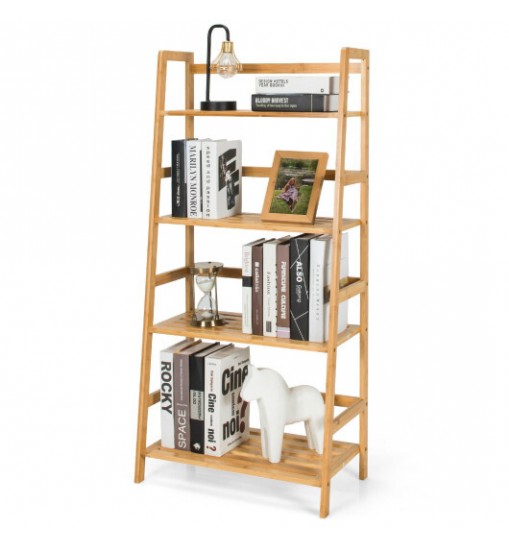 4-Tier Bamboo Bookshelf Ladder Shelf Plant Stand Rack-Natural