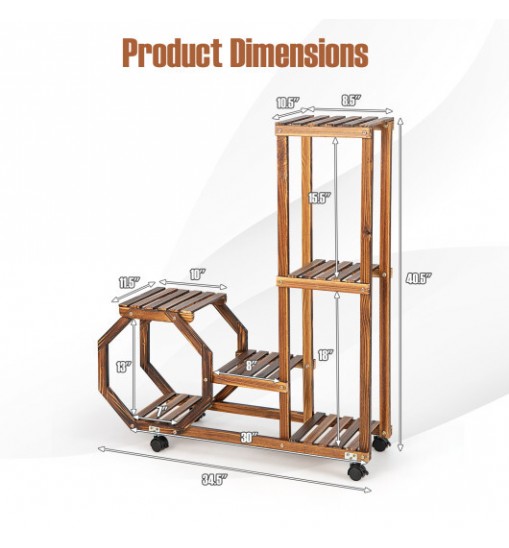 6-Tier Wooden Plant Stand with Wheels-Brown