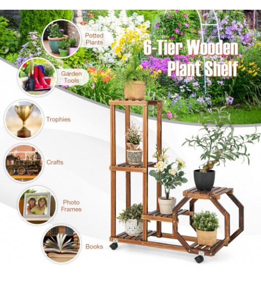 6-Tier Wooden Plant Stand with Wheels-Brown