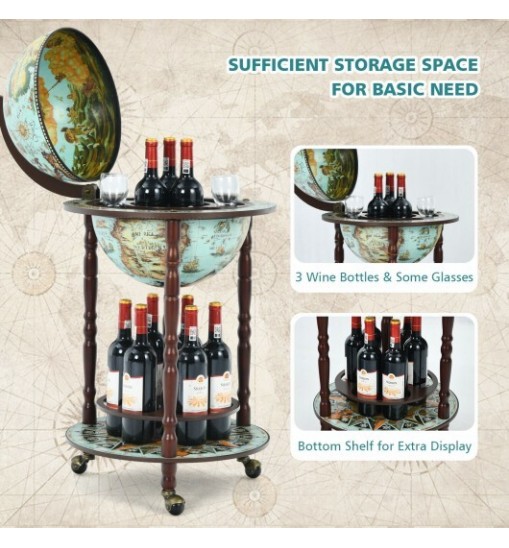 17 Inch Globe Wine Bar Stand 16th Century Italian Map Liquor Bottle Shelf Cart