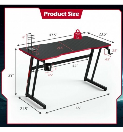 47.5 Inch Z-Shaped Computer Gaming Desk with Handle Rack-Red