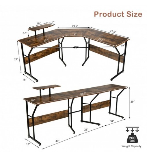 88.5 Inch L Shaped Reversible Computer Desk Table with Monitor Stand-Black