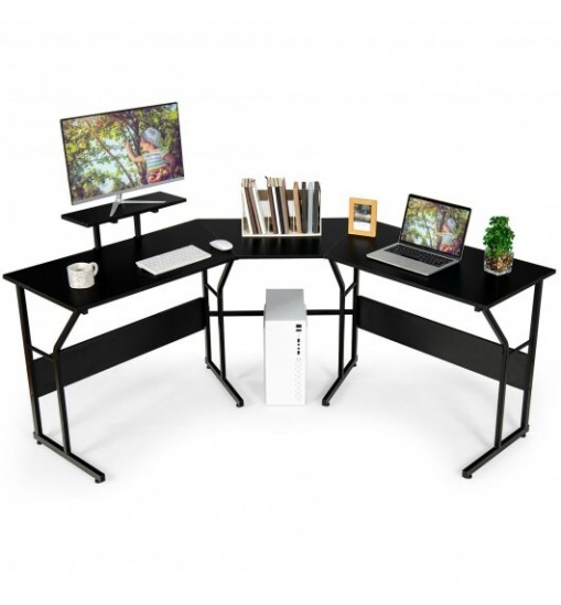 88.5 Inch L Shaped Reversible Computer Desk Table with Monitor Stand-Black