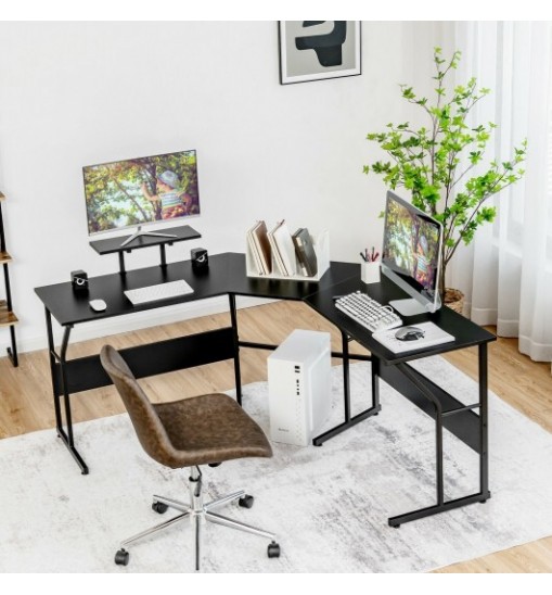 88.5 Inch L Shaped Reversible Computer Desk Table with Monitor Stand-Black