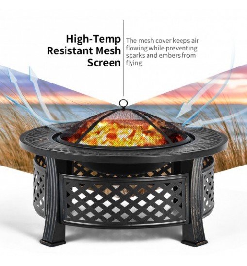 Outdoor Fire Pit with BBQ Grill and High-temp Resistance Finish