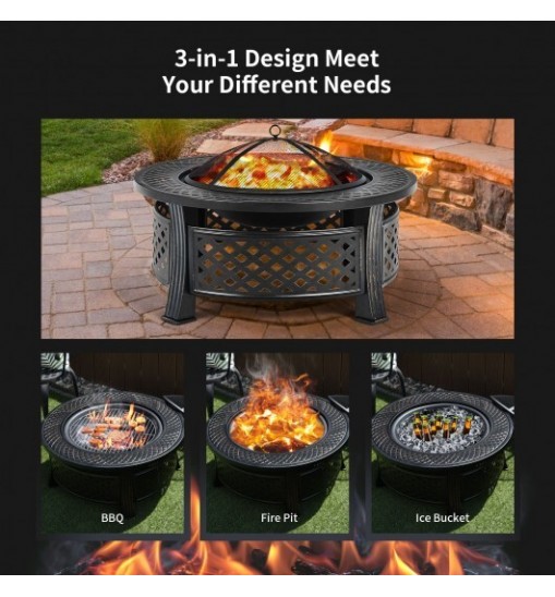 Outdoor Fire Pit with BBQ Grill and High-temp Resistance Finish