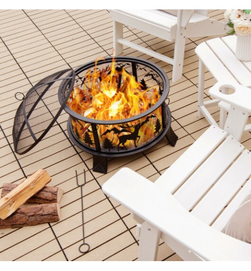 26 Inches Outdoor Fire Pit with Spark Screen and Poker