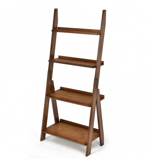 4-Tier Bamboo Ladder Shelf Bookcase for Study Room-Brown