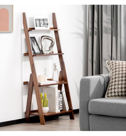 4-Tier Bamboo Ladder Shelf Bookcase for Study Room-Brown