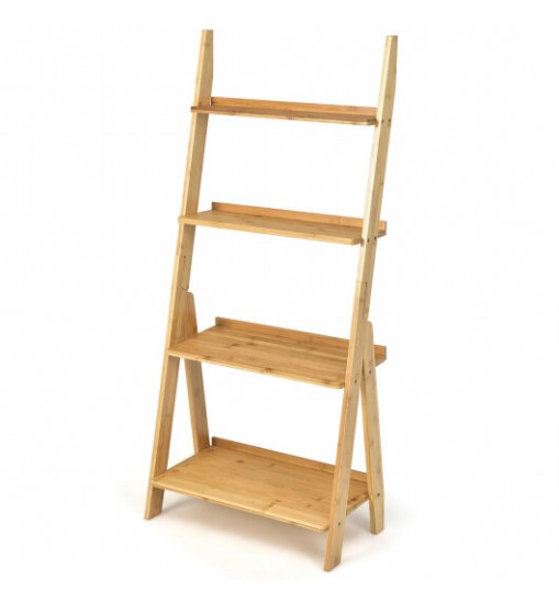 4-Tier Bamboo Ladder Shelf Bookcase for Study Room-Brown