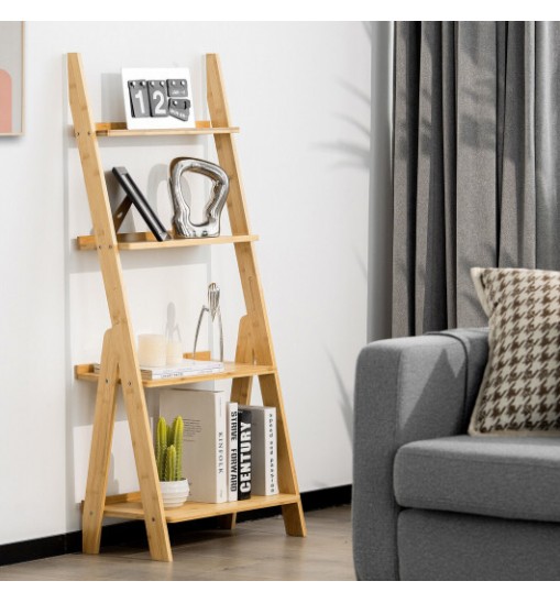 4-Tier Bamboo Ladder Shelf Bookcase for Study Room-Brown