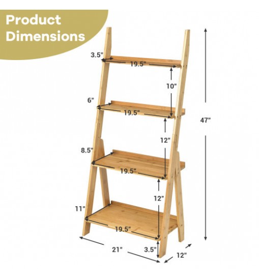 4-Tier Bamboo Ladder Shelf Bookcase for Study Room-Brown