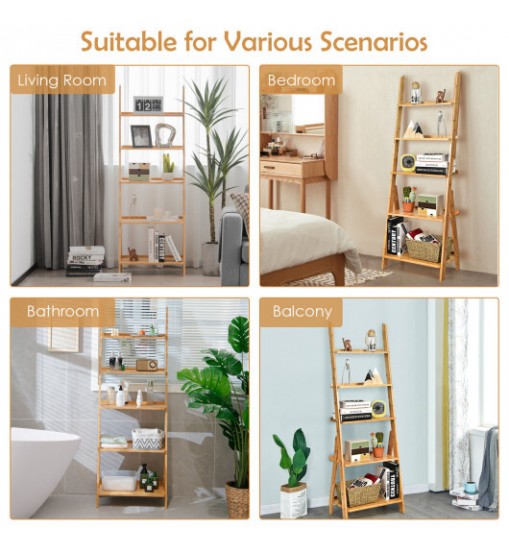 5-Tier Bamboo Ladder Shelf for Home Use-Natural