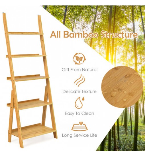 5-Tier Bamboo Ladder Shelf for Home Use-Natural