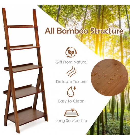 5-Tier Bamboo Ladder Shelf for Home Use-Natural