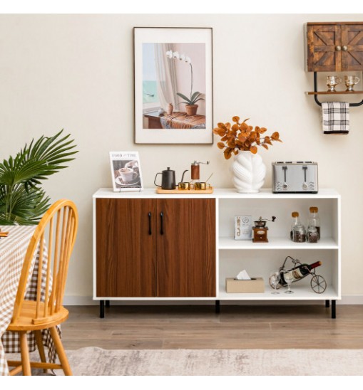 Modern Buffet Sideboard with 2 Doors and Open Compartments-Walnut