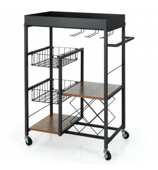 Kitchen Island Cart on Wheels with Removable Top and Wine Rack-Rustic Brown