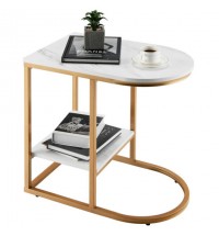 C-shaped Side Table with Faux Marble Tabletop and Golden Steel Frame-White