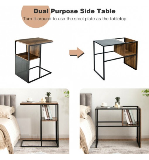 2-Tier C-Shaped Reversible End Table with Wooden Shelf for Living Room-Brown