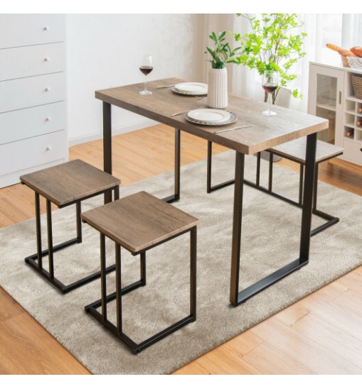 4 Pieces Industrial Dinette Set with Bench and 2 Stools-Oak