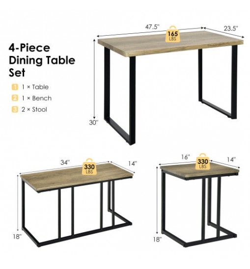 4 Pieces Industrial Dinette Set with Bench and 2 Stools-Oak