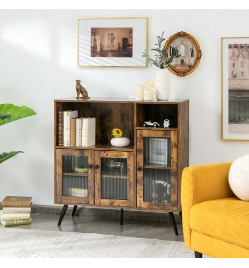 Buffet Kitchen Storage Cupboard with Glass Door and Adjustable Shelves-Rustic Brown