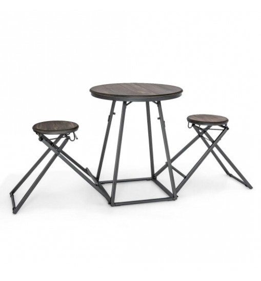 3 Pieces Dining Table Set with 2 Foldable Stools for Small Space-Gray