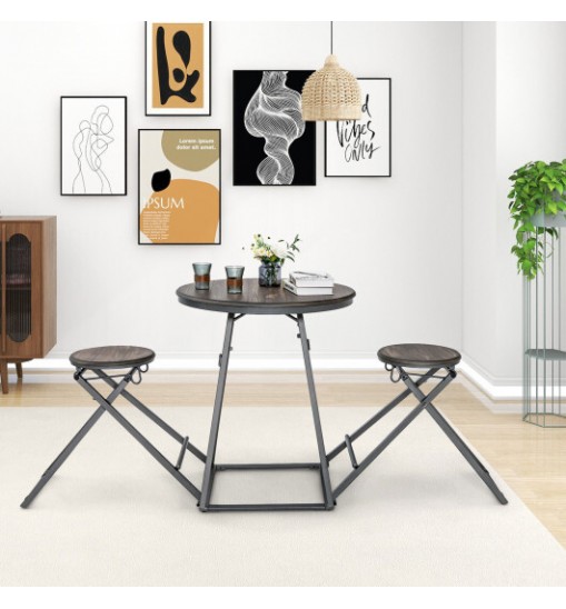 3 Pieces Dining Table Set with 2 Foldable Stools for Small Space-Gray