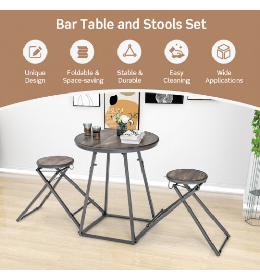 3 Pieces Dining Table Set with 2 Foldable Stools for Small Space-Gray